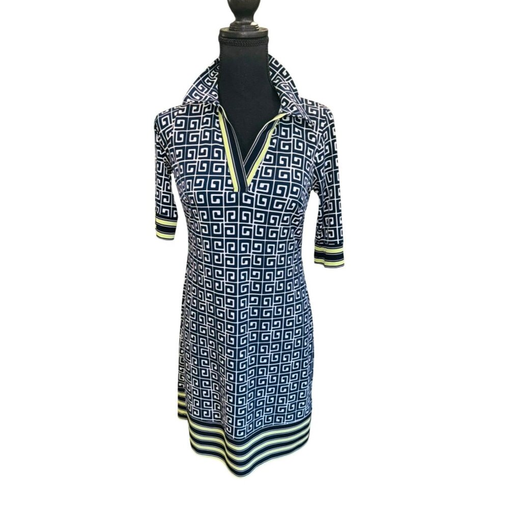 En Focus Studio 4 Navy White Geo Print Travel Office Siren Dress Slimming Spand